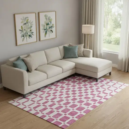 Blush And Ivory Geometric Washable Area Rug With UV Protection Photo 1
