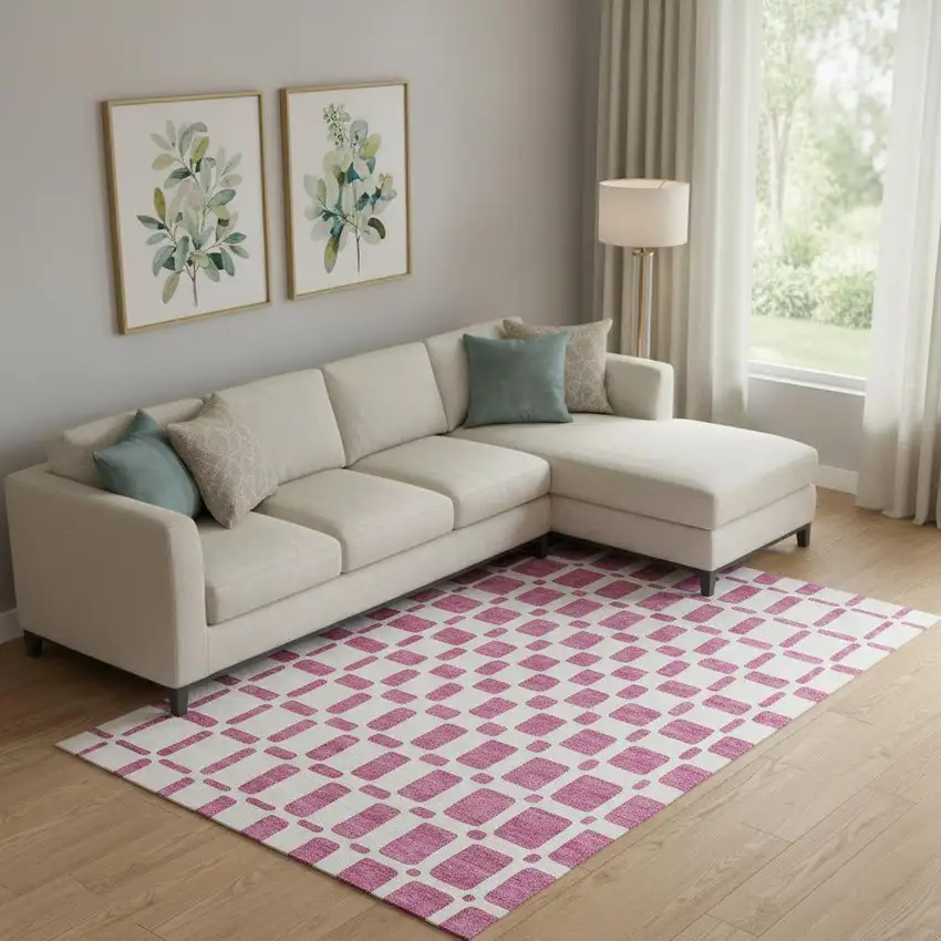 Blush And Ivory Geometric Washable Area Rug With UV Protection Photo 1