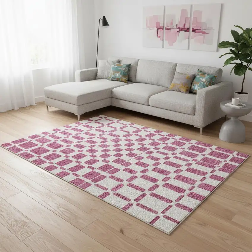 Blush And Ivory Geometric Washable Area Rug With UV Protection Photo 2