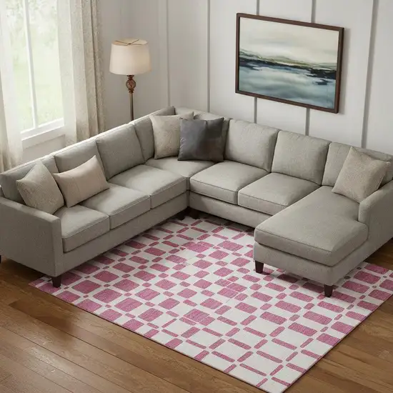 Blush And Ivory Geometric Washable Area Rug With UV Protection Photo 1