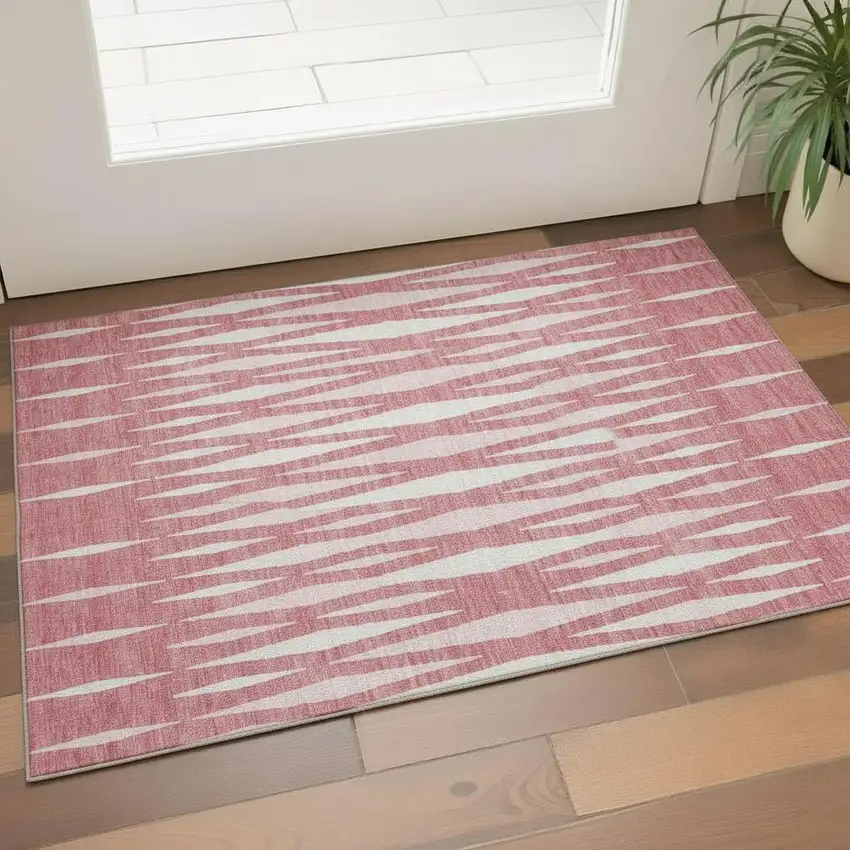 Blush And Ivory Geometric Washable Area Rug With UV Protection Photo 1