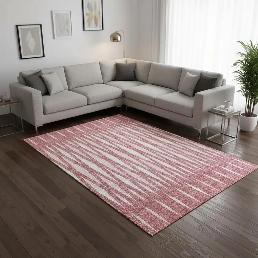 Blush And Ivory Geometric Washable Area Rug With UV Protection Photo 2