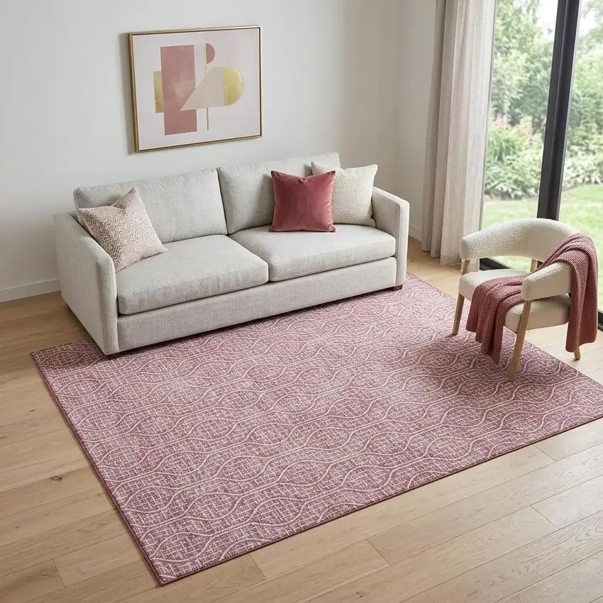 Blush And Ivory Geometric Washable Area Rug With UV Protection Photo 1