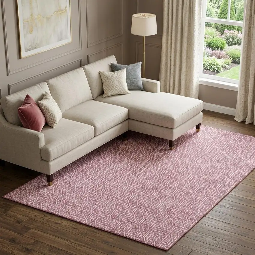 Blush And Ivory Geometric Washable Area Rug With UV Protection Photo 1