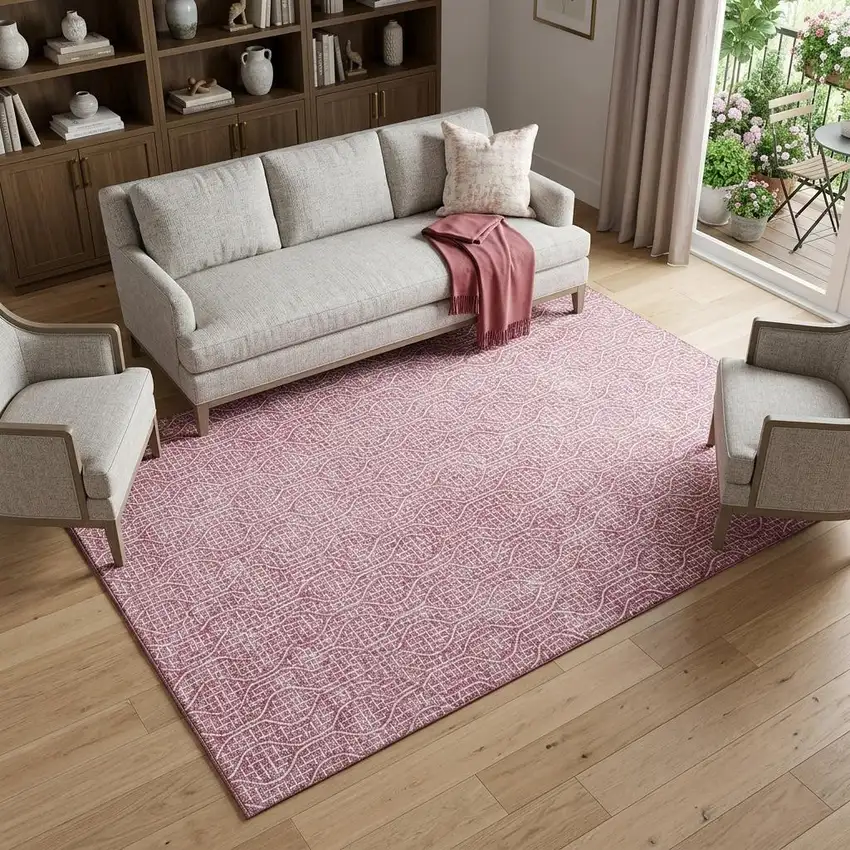Blush And Ivory Geometric Washable Area Rug With UV Protection Photo 1