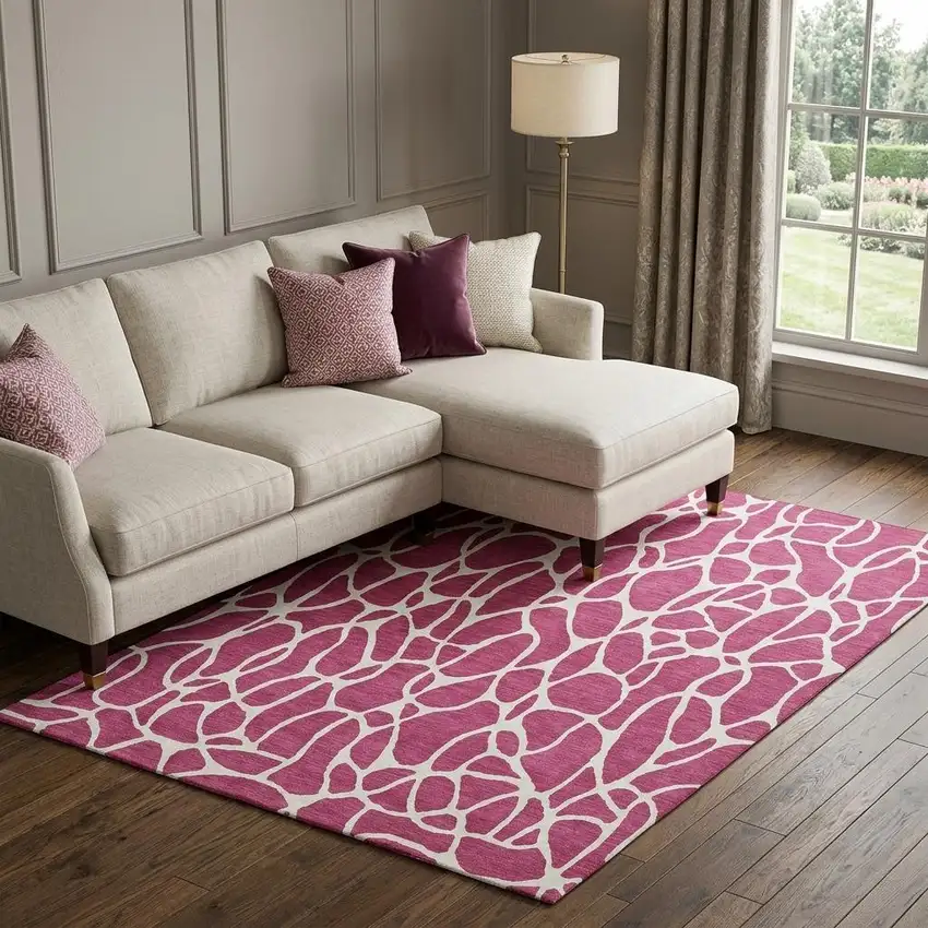 Blush And Ivory Geometric Washable Area Rug With UV Protection Photo 1