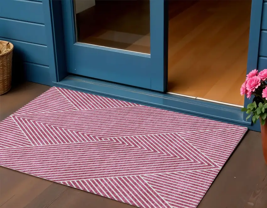 Blush And Ivory Geometric Washable Indoor Outdoor Area Rug Photo 1