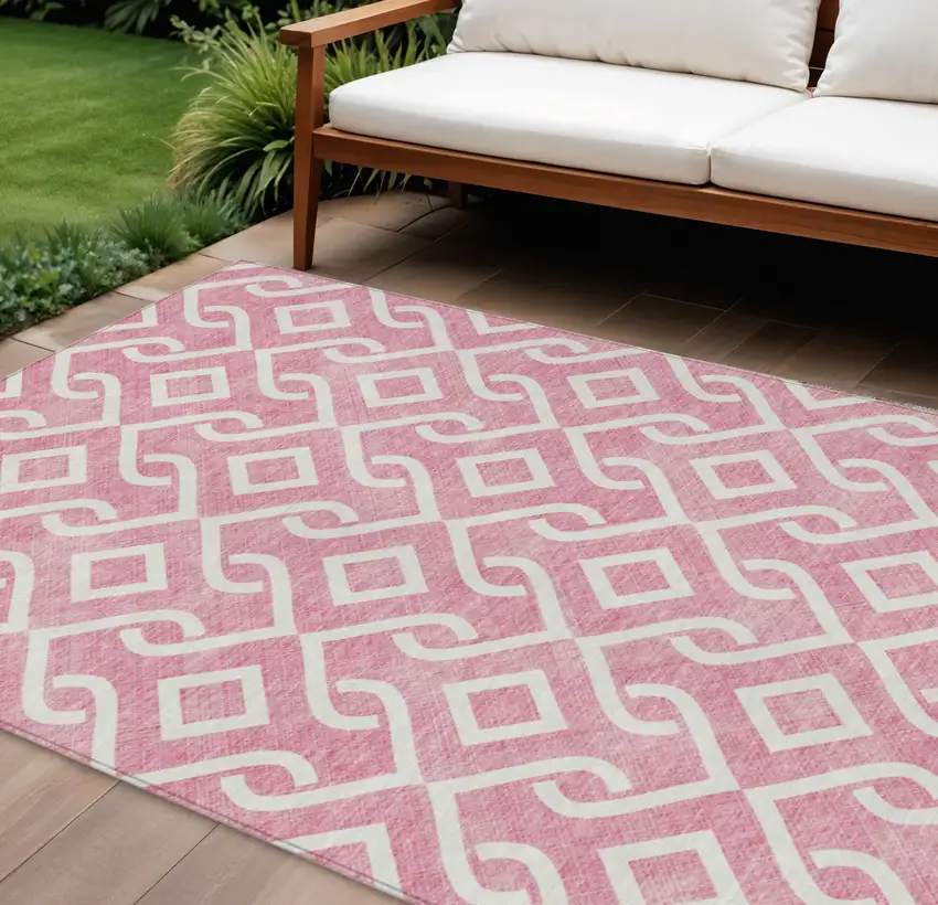 Blush And Ivory Geometric Washable Indoor Outdoor Area Rug Photo 1