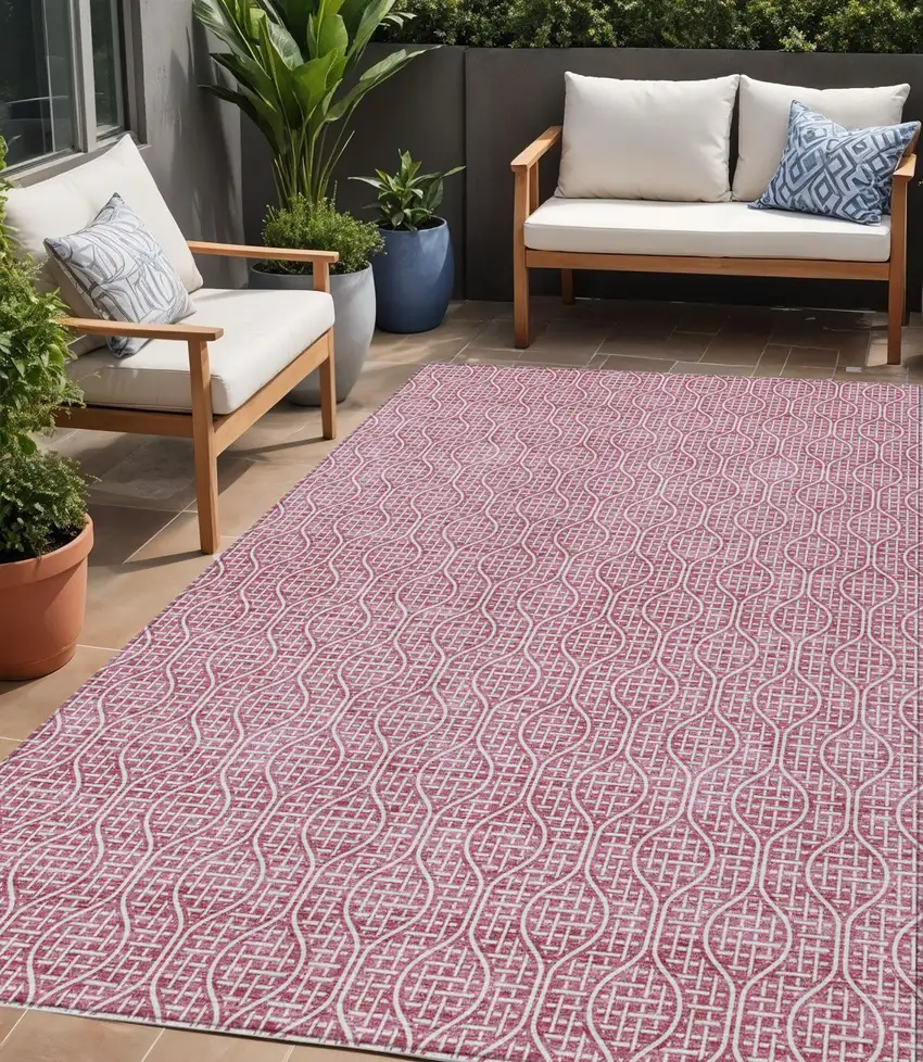 Blush And Ivory Geometric Washable Indoor Outdoor Area Rug Photo 1