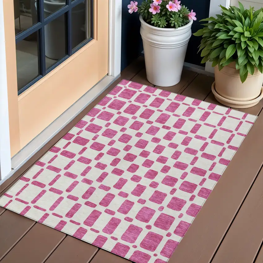 Blush And Ivory Geometric Washable Indoor Outdoor Area Rug Photo 1