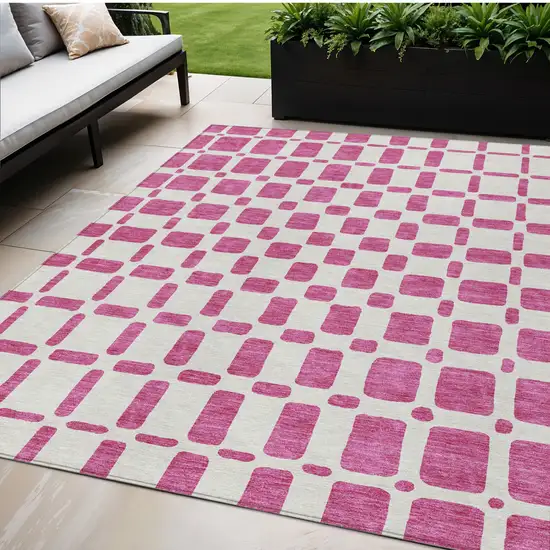 Blush And Ivory Geometric Washable Indoor Outdoor Area Rug Photo 1