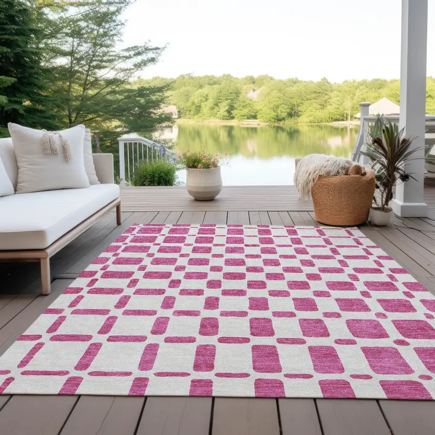 Blush And Ivory Geometric Washable Indoor Outdoor Area Rug Photo 9