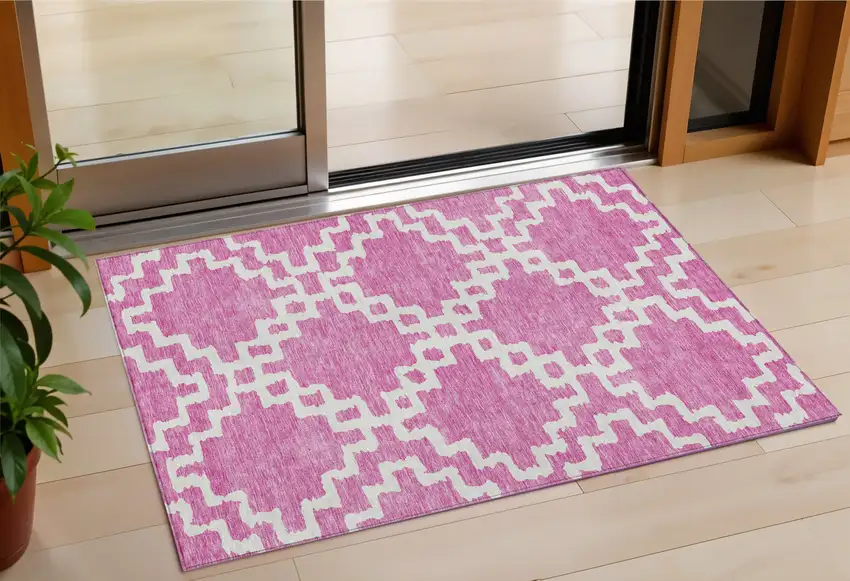 Blush And Ivory Geometric Washable Indoor Outdoor Area Rug Photo 1