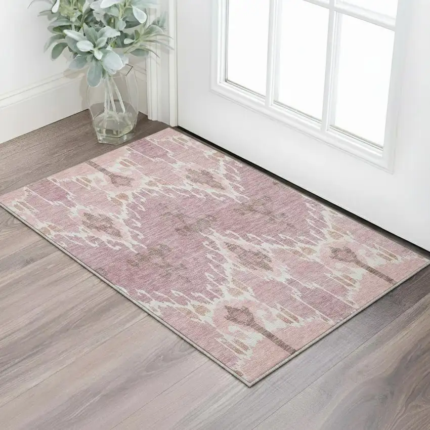 Blush And Ivory Ikat Washable Area Rug With UV Protection Photo 2