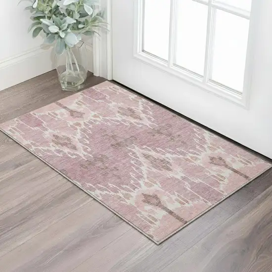 Blush And Ivory Ikat Washable Area Rug With UV Protection Photo 2