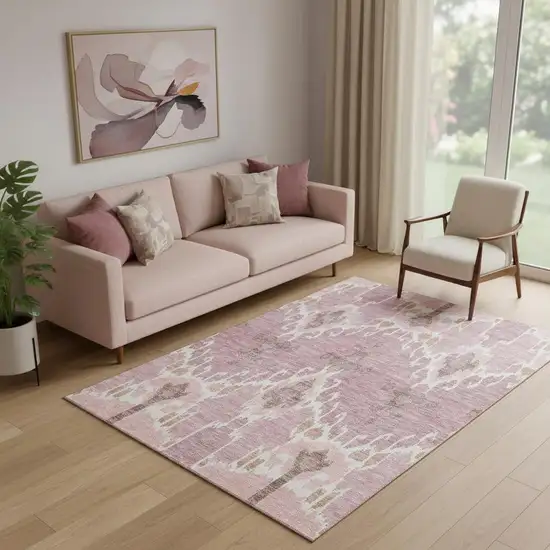 Blush And Ivory Ikat Washable Area Rug With UV Protection Photo 1