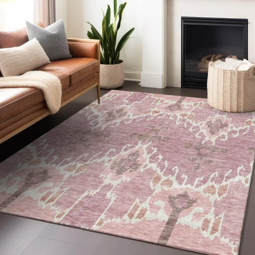 Blush And Ivory Ikat Washable Area Rug With UV Protection Photo 6