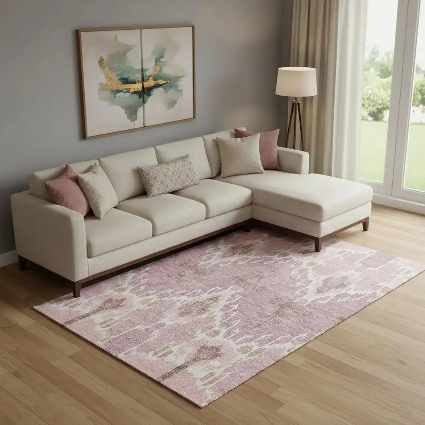 Blush And Ivory Ikat Washable Area Rug With UV Protection Photo 1