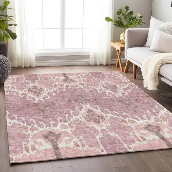 Blush And Ivory Ikat Washable Area Rug With UV Protection Photo 4