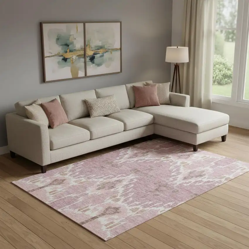 Blush And Ivory Ikat Washable Area Rug With UV Protection Photo 1