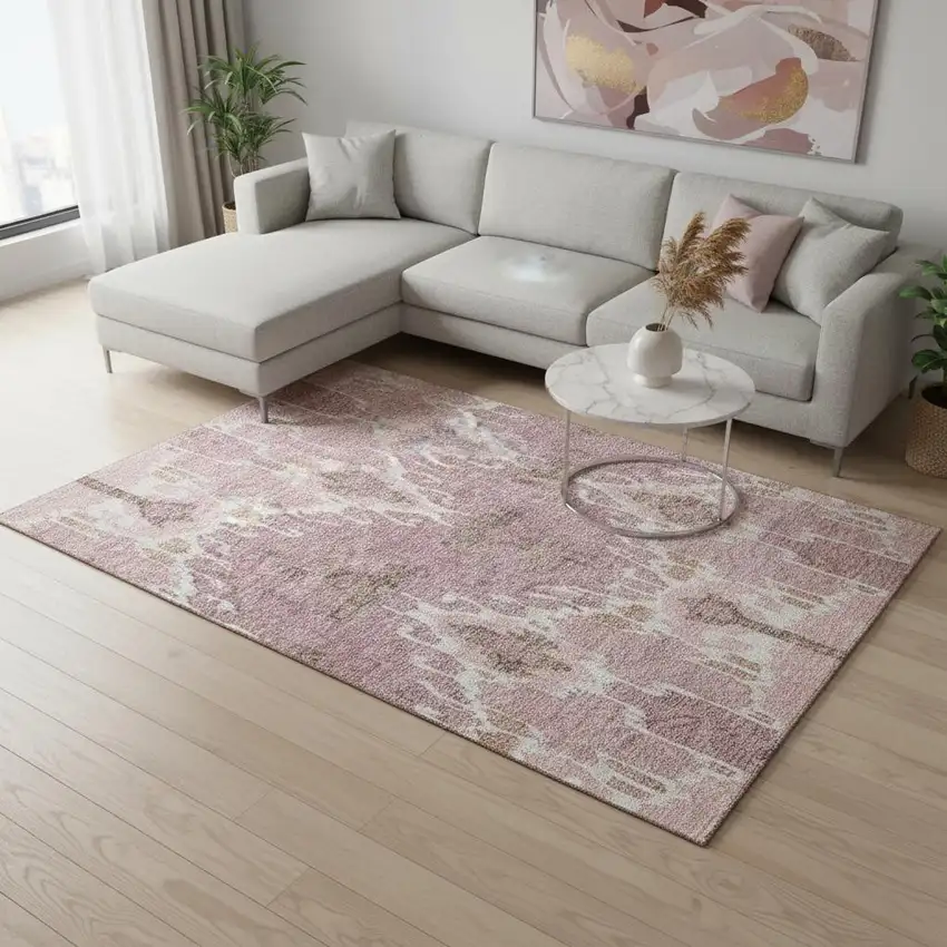 Blush And Ivory Ikat Washable Area Rug With UV Protection Photo 2