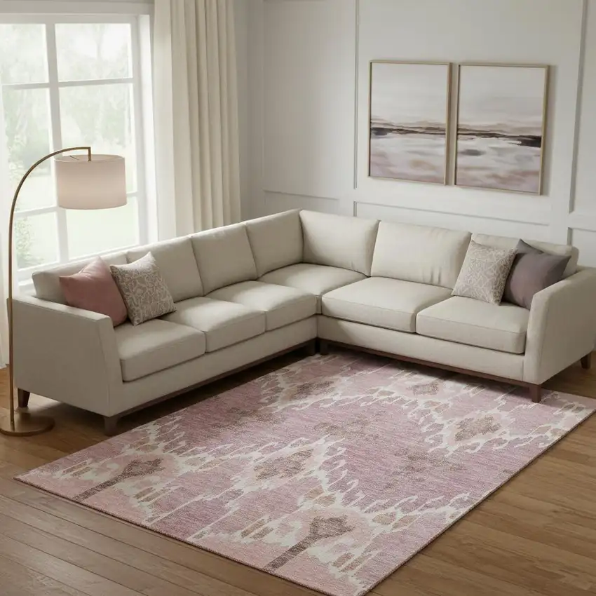 Blush And Ivory Ikat Washable Area Rug With UV Protection Photo 1