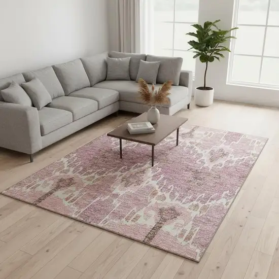 Blush And Ivory Ikat Washable Area Rug With UV Protection Photo 2