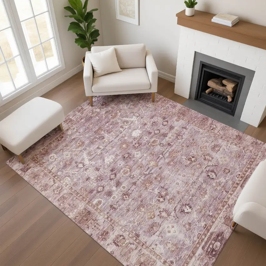 Blush And Ivory Oriental Washable Area Rug With UV Protection Photo 3