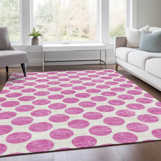 Blush And Ivory Polka Dot Washable Area Rug With UV Protection Photo 5