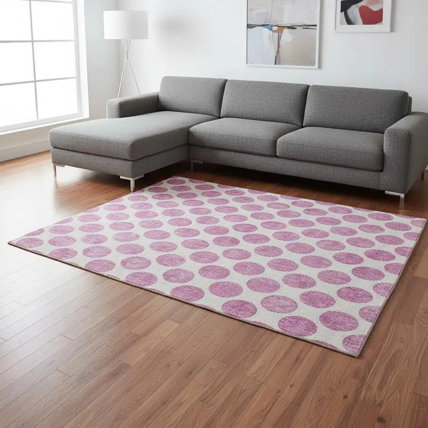 Blush And Ivory Polka Dot Washable Area Rug With UV Protection Photo 2