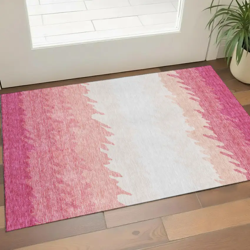 Blush And Ivory Striped Washable Area Rug With UV Protection Photo 1