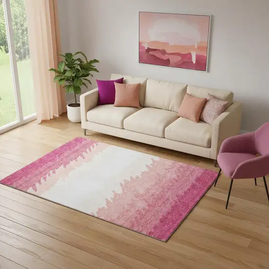 Blush And Ivory Striped Washable Area Rug With UV Protection Photo 1