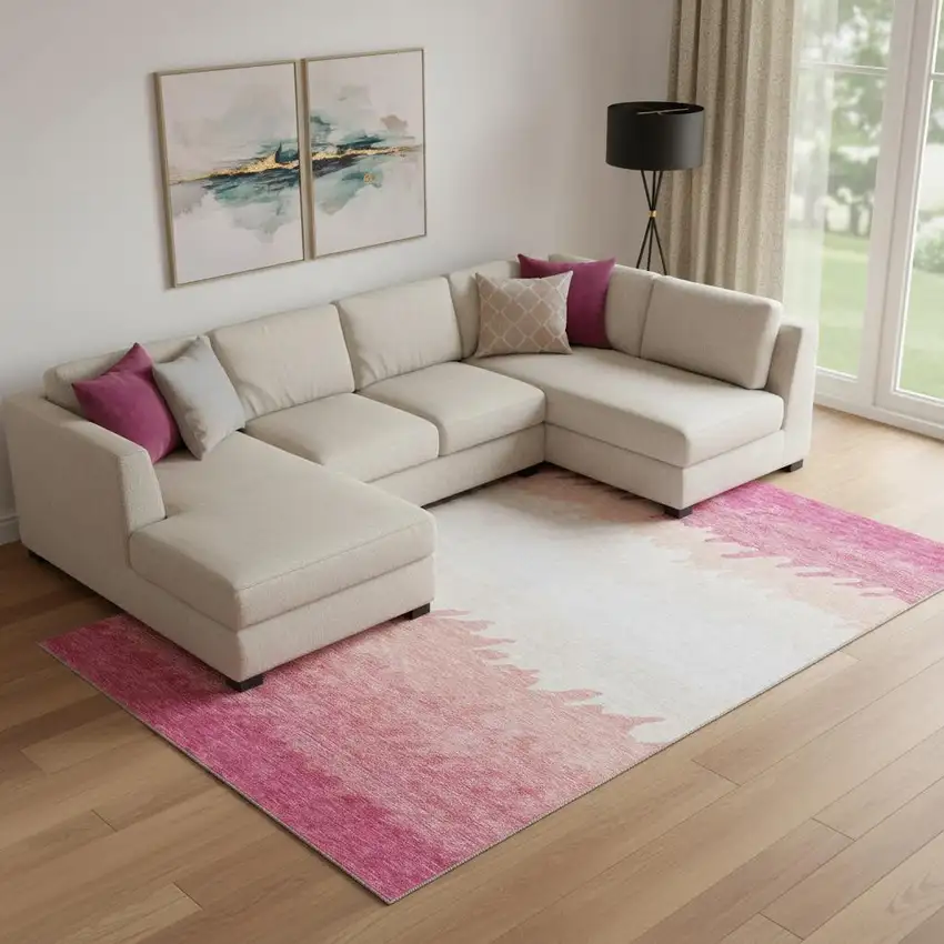 Blush And Ivory Striped Washable Area Rug With UV Protection Photo 1