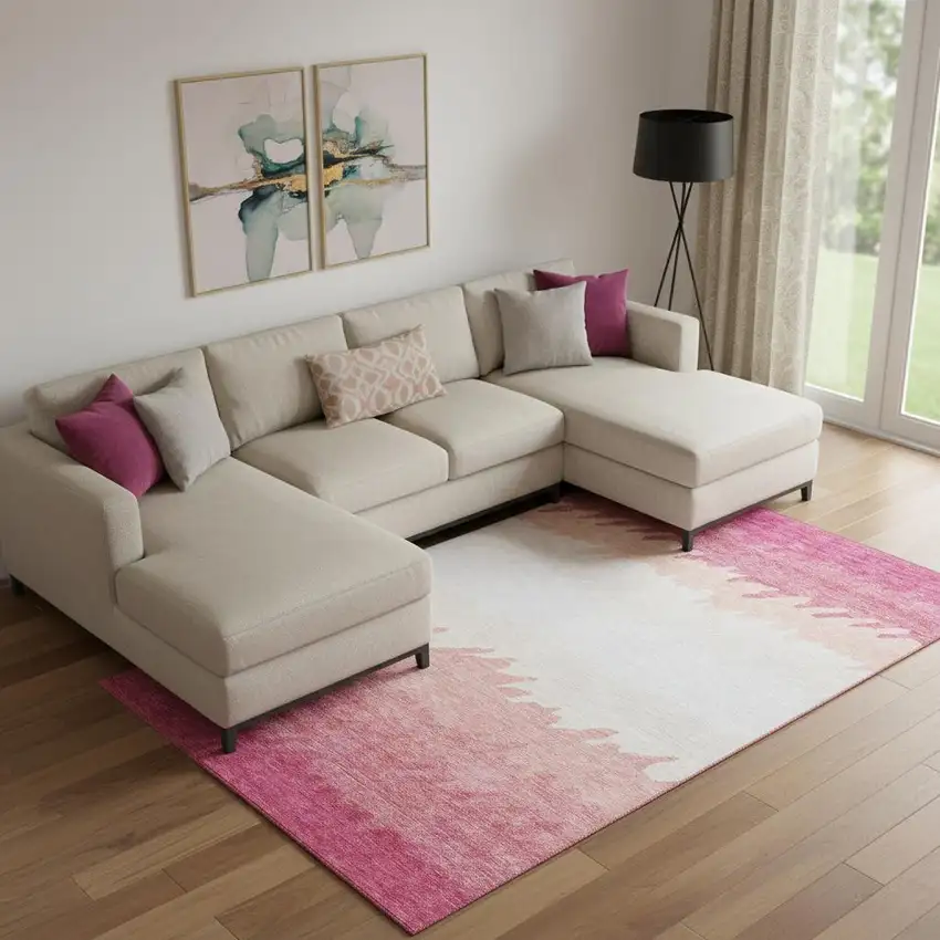 Blush And Ivory Striped Washable Area Rug With UV Protection Photo 1