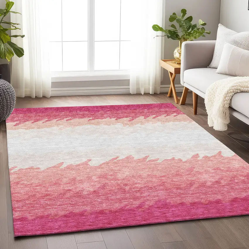 Blush And Ivory Striped Washable Area Rug With UV Protection Photo 3