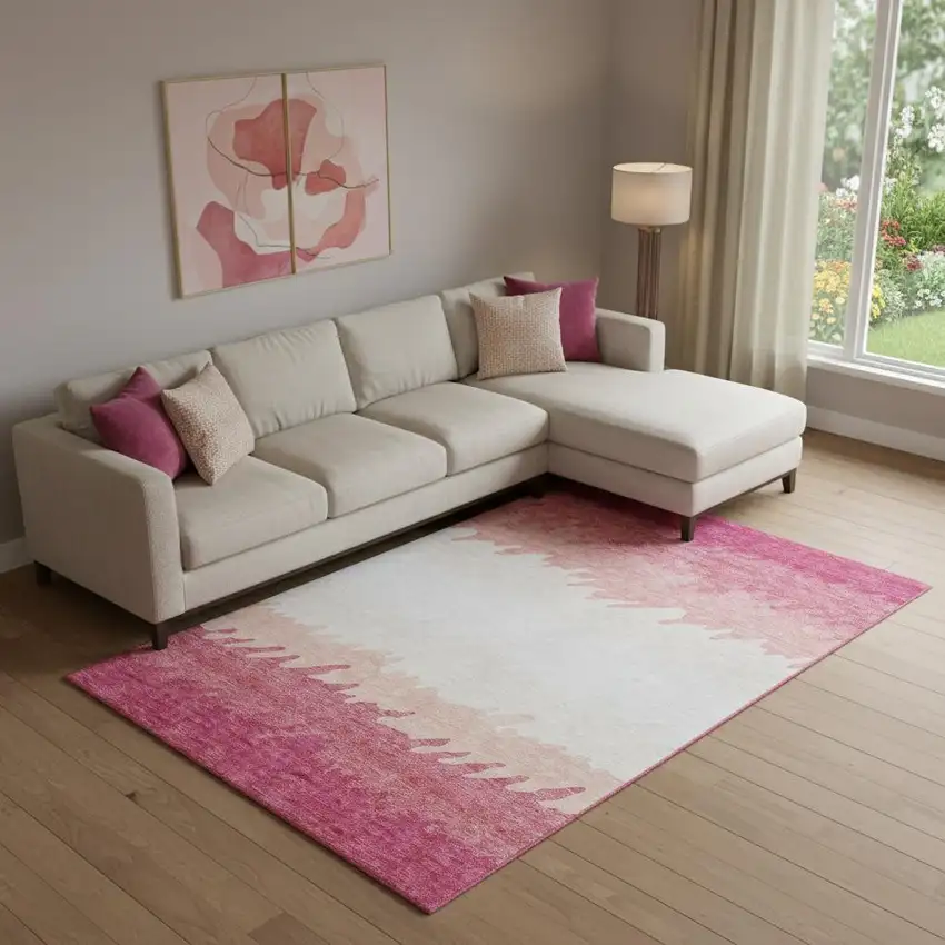 Blush And Ivory Striped Washable Area Rug With UV Protection Photo 1