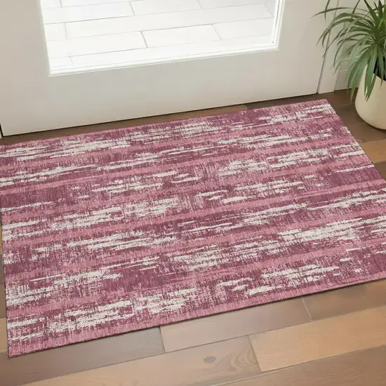 Blush And Ivory Striped Washable Area Rug With UV Protection Photo 1