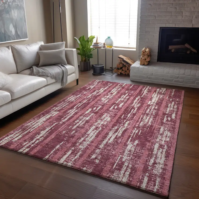 Blush And Ivory Striped Washable Area Rug With UV Protection Photo 1