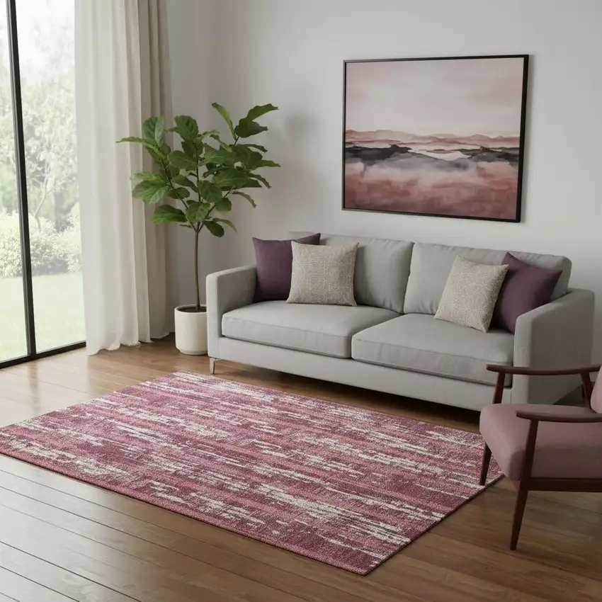 Blush And Ivory Striped Washable Area Rug With UV Protection Photo 1