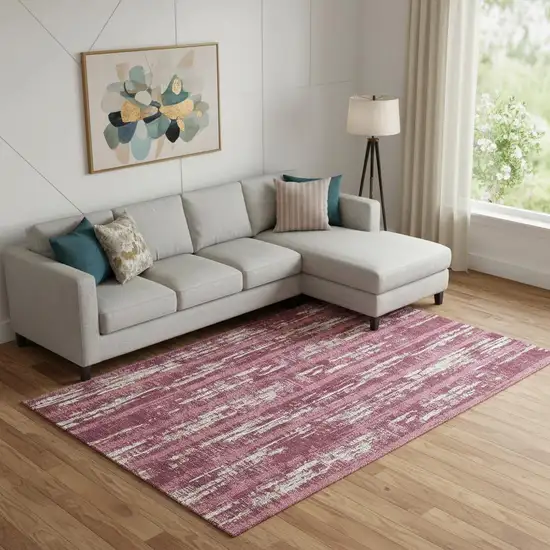 Blush And Ivory Striped Washable Area Rug With UV Protection Photo 1