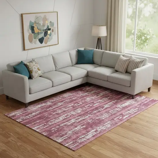 Blush And Ivory Striped Washable Area Rug With UV Protection Photo 1