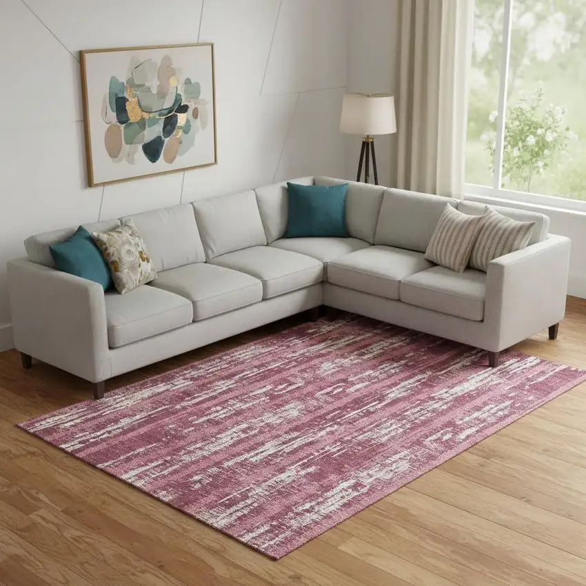 Blush And Ivory Striped Washable Area Rug With UV Protection Photo 1