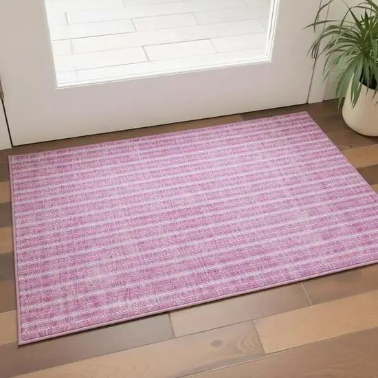 Blush And Ivory Striped Washable Area Rug With UV Protection Photo 1