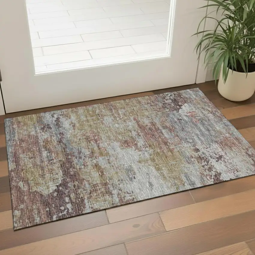 Blush And Ivory Striped Washable Area Rug With UV Protection Photo 2