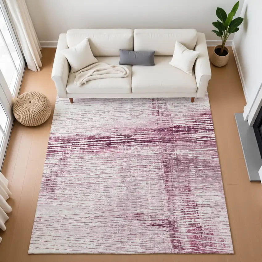 Blush And Ivory Striped Washable Area Rug With UV Protection Photo 4