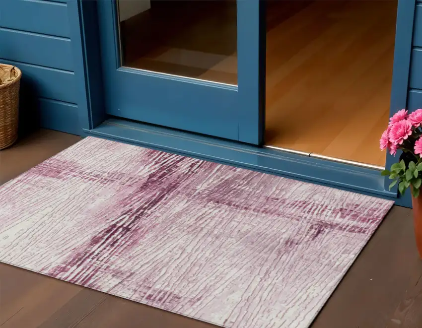 Blush And Ivory Striped Washable Indoor Outdoor Area Rug Photo 2