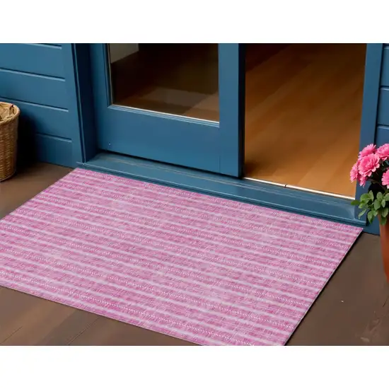 Blush And Ivory Striped Washable Indoor Outdoor Area Rug Photo 1