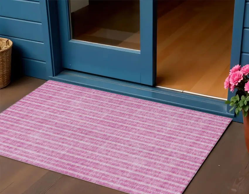 Blush And Ivory Striped Washable Indoor Outdoor Area Rug Photo 1