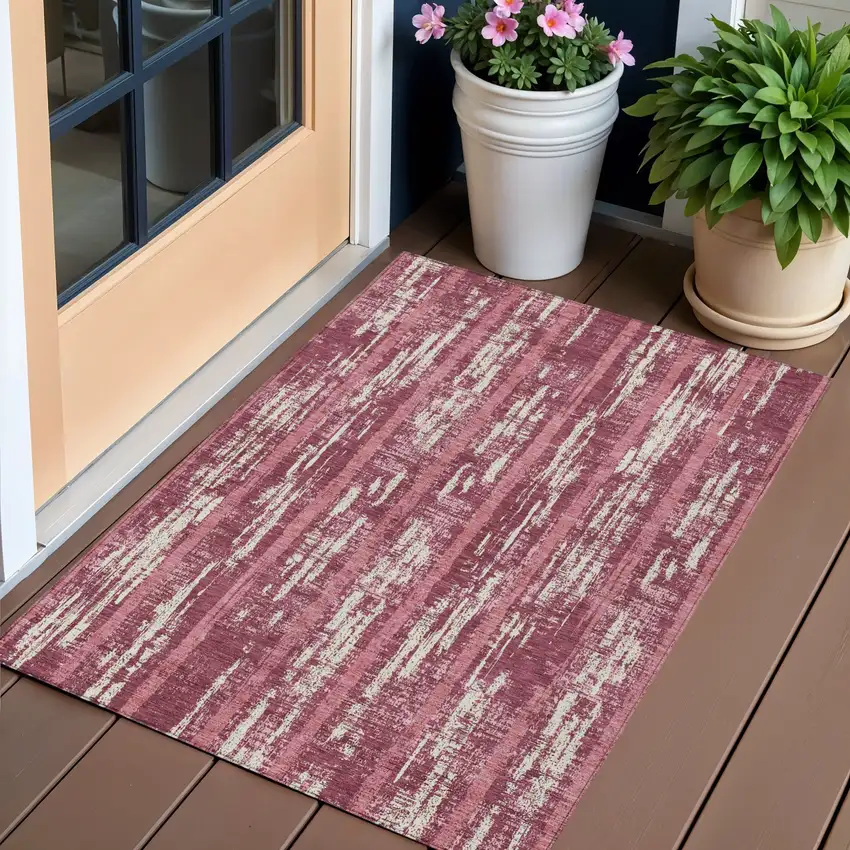 Blush And Ivory Striped Washable Indoor Outdoor Area Rug Photo 1