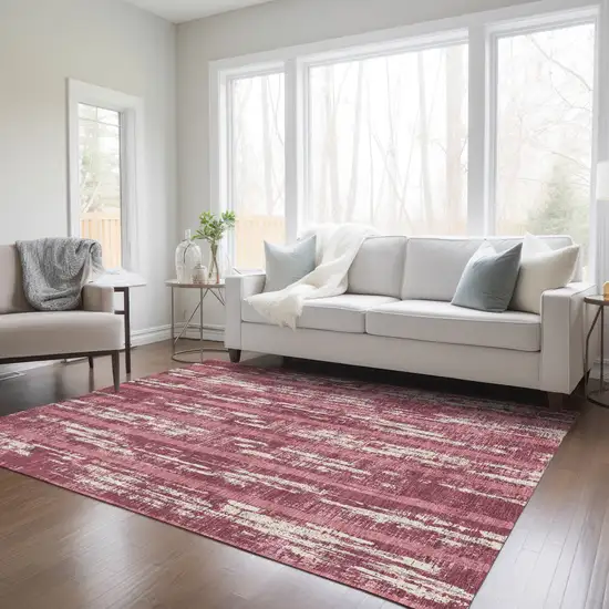 Blush And Ivory Striped Washable Indoor Outdoor Area Rug Photo 9